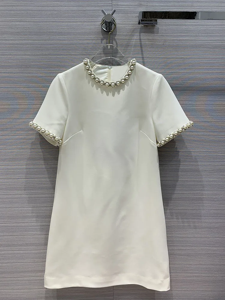 

2021 Luxury Mini Early Spring Women Street Dress Office-lady Bead Diamond Pure Short-sleeved O-neck Short Dresses