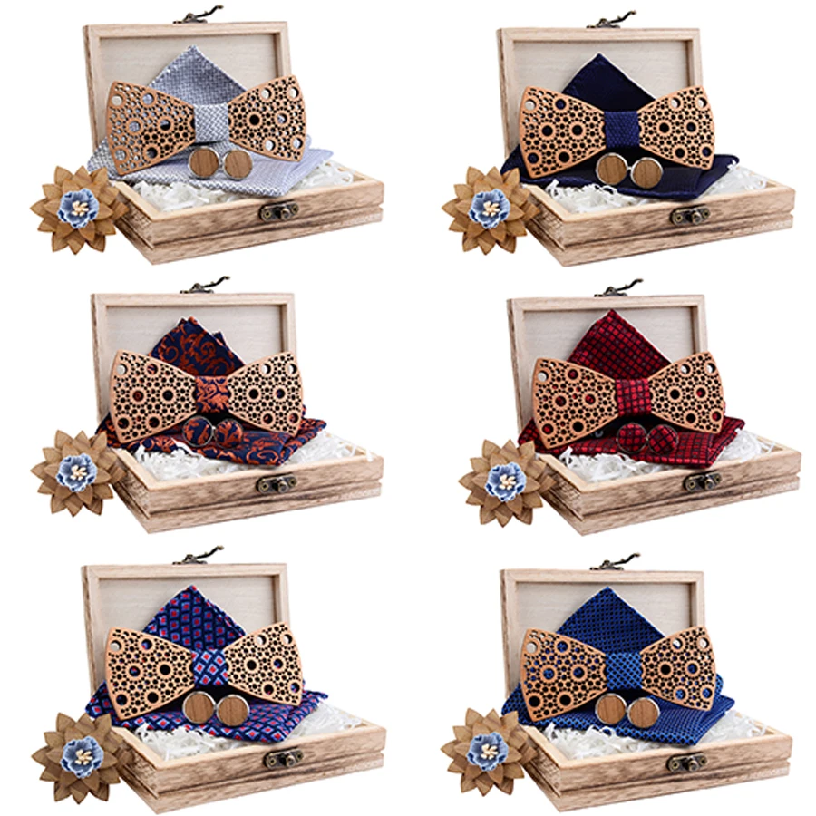 Новый дизайн 100% деревянный полый Цветочный галстук бабочка с карманом