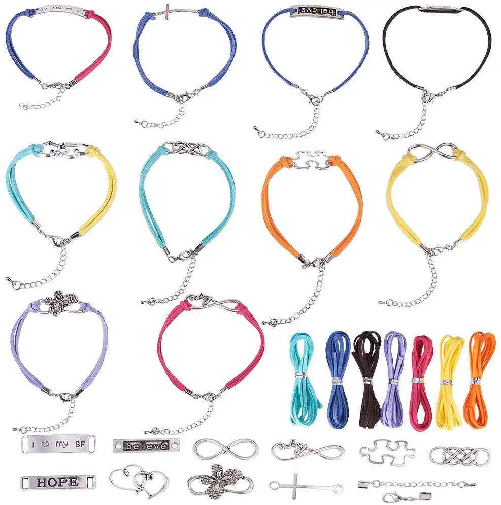 

DIY10 pieces of artificial suede wrapped bracelet making kit letter connector pendant beads DIY10 ropes wristband bracelet set