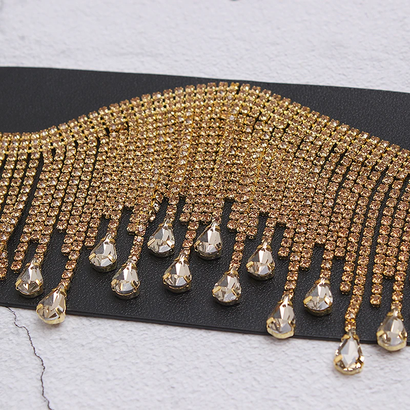 

New Brand Luxury Baoxiu Wide Belt Tassel Rhinestone Wild Lady Elastic Girdle Gold Dress Belt Female Straps Accessory