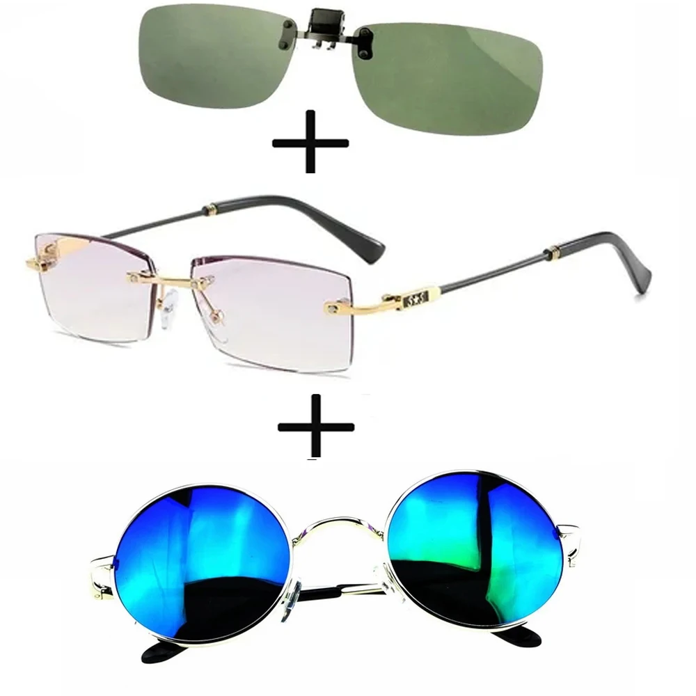 

3 шт.! Очки для чтения без оправы для мужчин и женщин, роскошные поляризационные солнцезащитные, круглые, с зажимом, без оправы