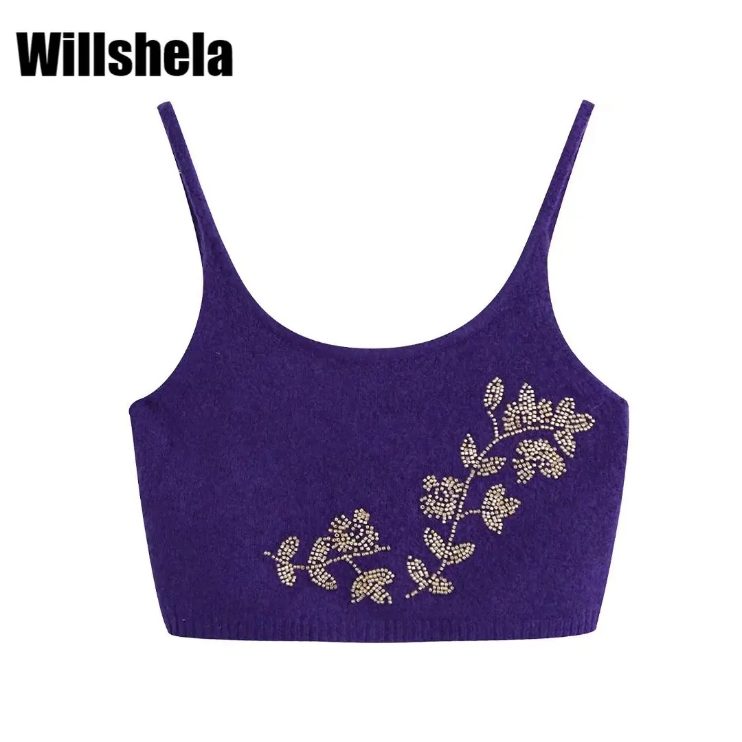 

Willshela Women Fashion Beaded Knit Top Round Neck with Thin Straps Ribbed Trim Chic Lady Woman Casual Knitted Crop Top