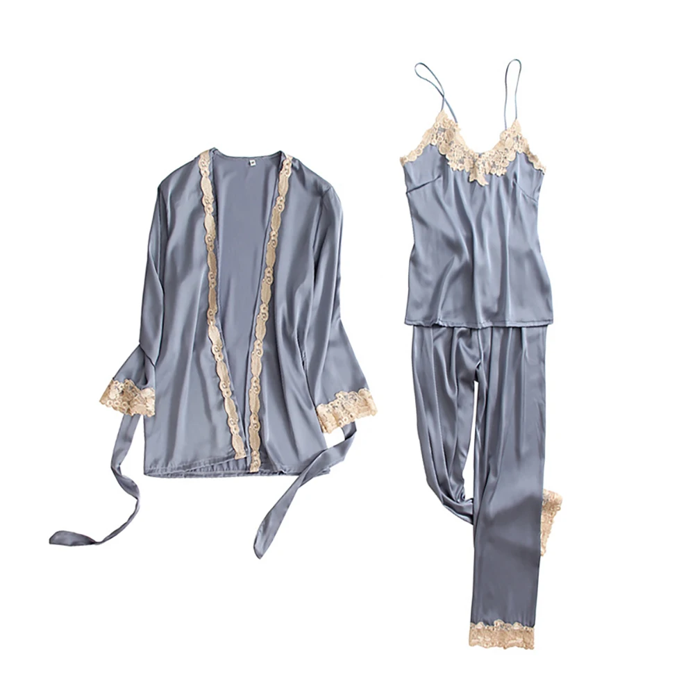 

3Pcs/set Women Female Sexy Fashion Silk Pajamas Set Robe Sling Pajamas Long Sleeve Pants Women Lounge Sleep Pajama Nightgown