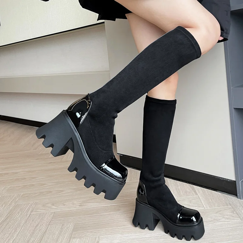 

Женские сапоги до колена на толстой подошве, эластичные кожаные сапоги на платформе, на очень высоком каблуке, с квадратным носком, Осень-зи...