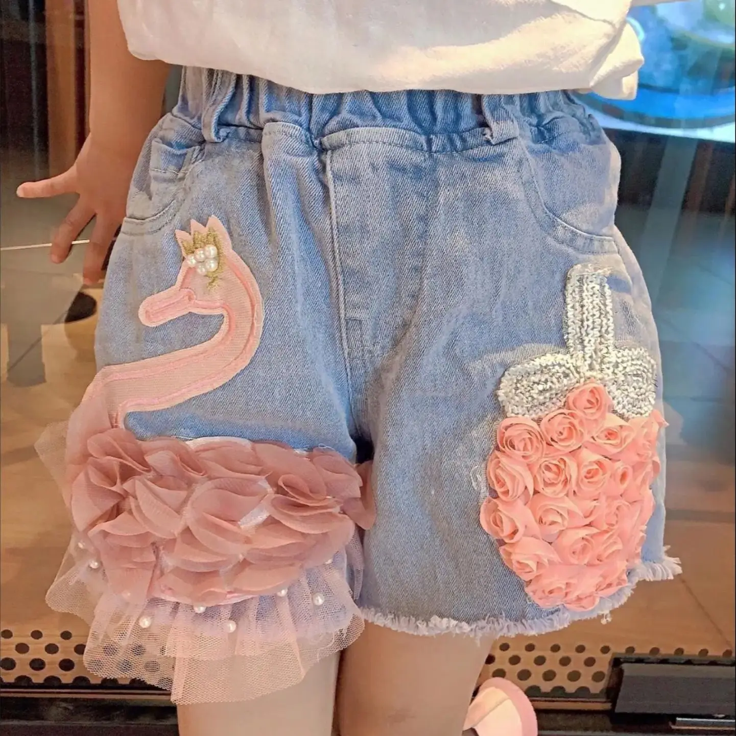 

Baby Girl's Summer Cotton Denim Shorts Pants Toddler Kids Cute Swan Flower Soft Jeans for Teenager Girls Children Clothing