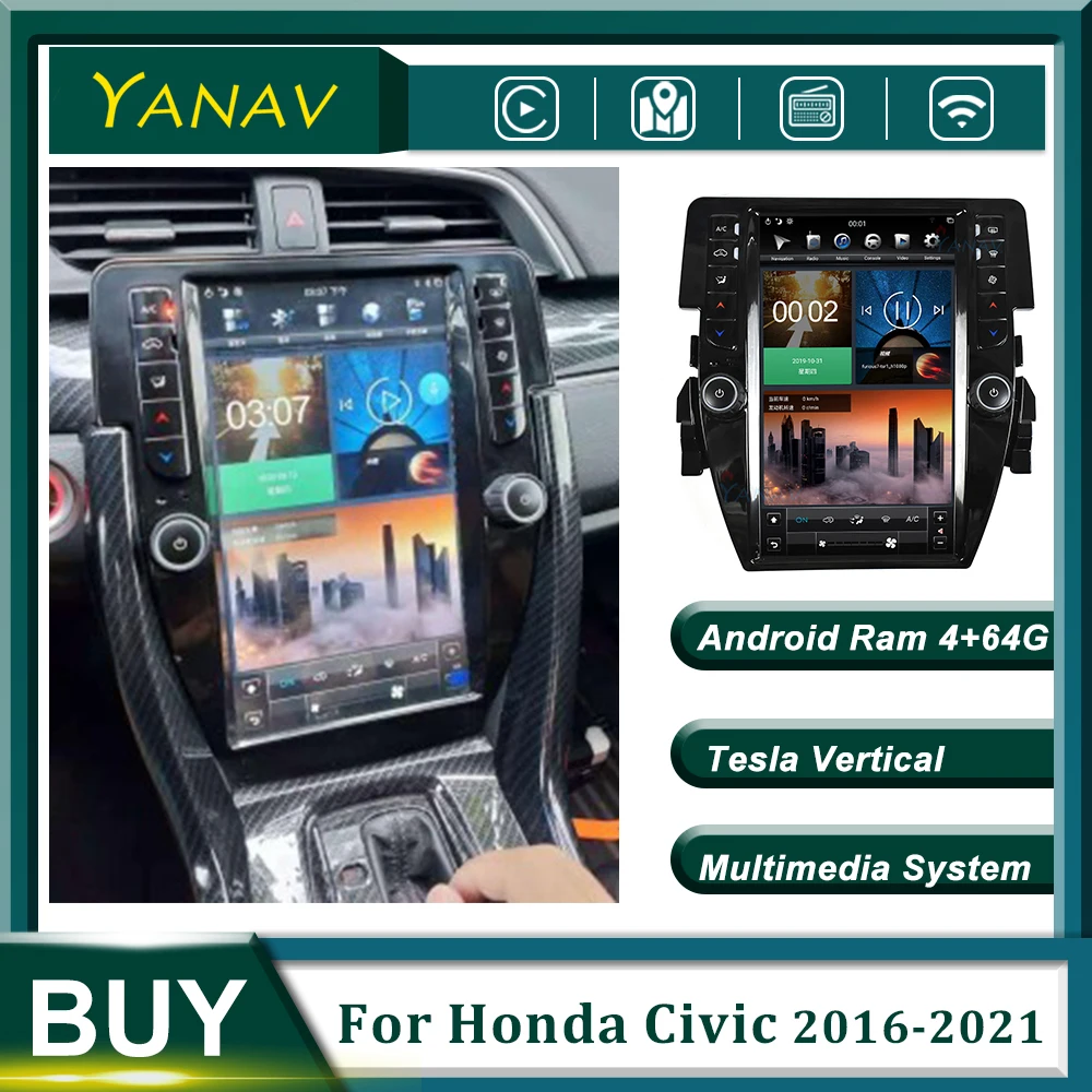 

Автомагнитола с GPS-навигацией для Honda Civic 2016-2021, вертикальный экран, Android, стереоприемник, автомобильная аудиосистема, видео, Мультимедийный ...