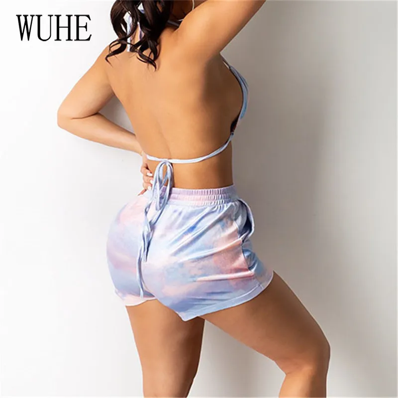 

WUHE Bikini Print Two Pieces Sets Off Shoulder Halter Lace Up Sleeveless Backless Top+Pockets Shorts Pants Bohemia Beach Outfits