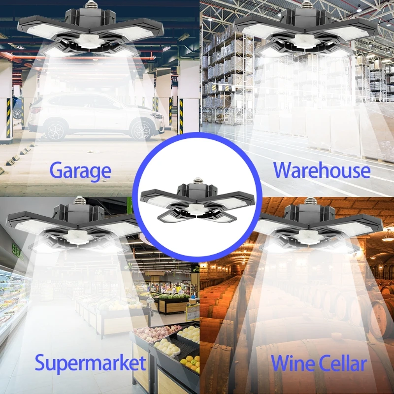 

L38A Deformable LED Garage Ceiling Lights Shop Lights Quadruple Glow Adjustable Garage Lighting Fixture for Warehouse Garages