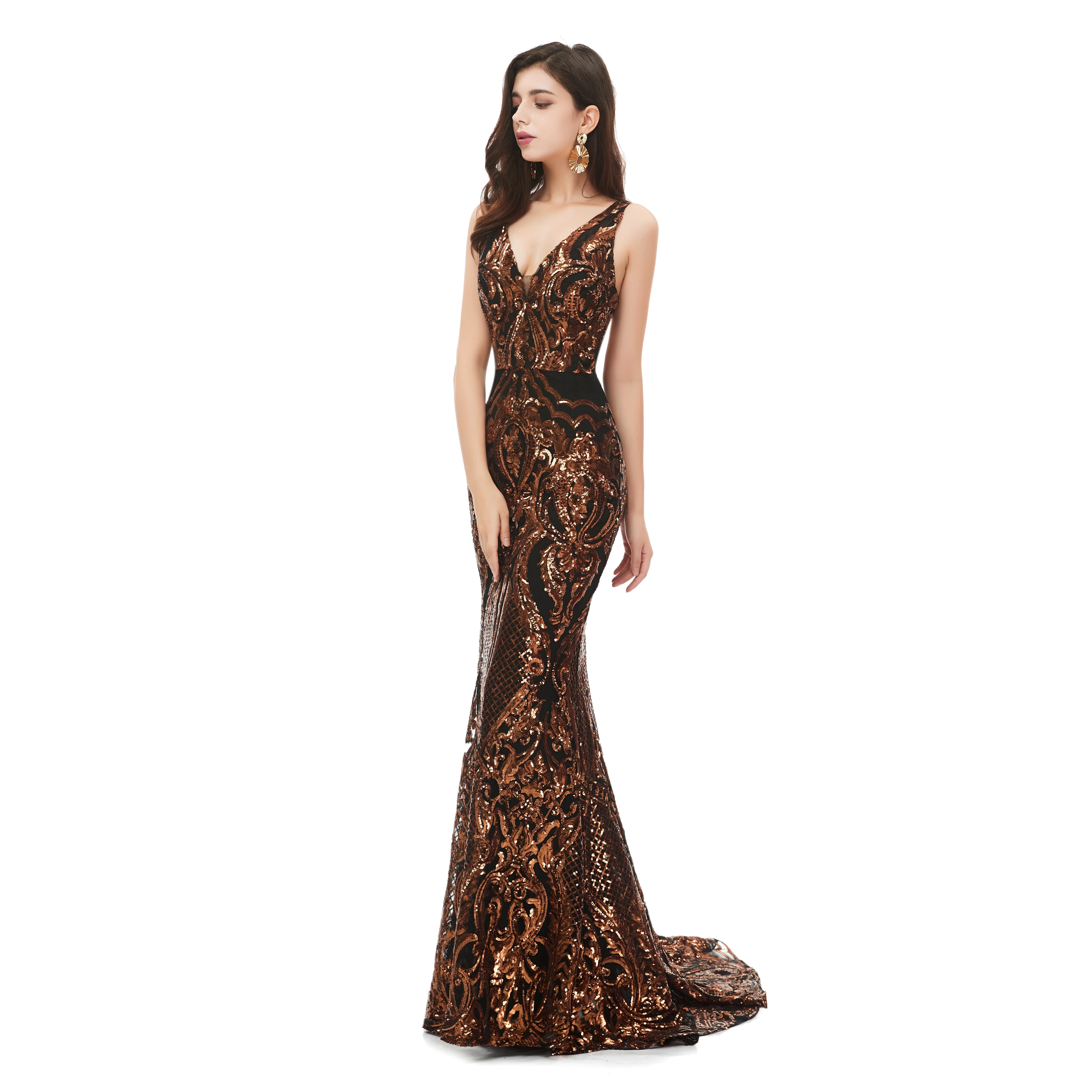Женское блестящее платье-русалка длинное вечернее платье с V-образным вырезом
