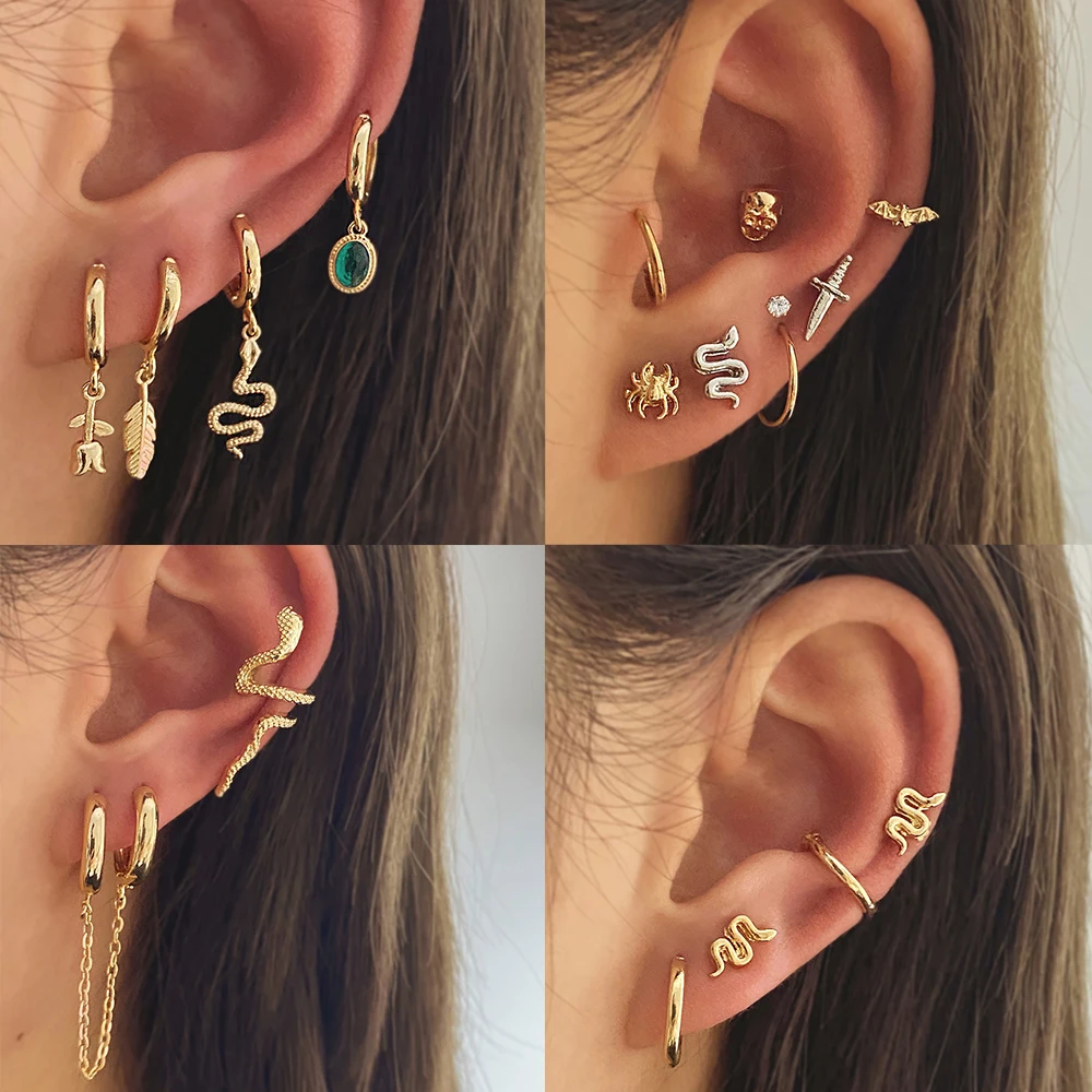 

Модные золотые серьги-клипсы в стиле панк с змеей и животными, Женские винтажные геометрические круглые висячие серьги с кристаллами, бижут...
