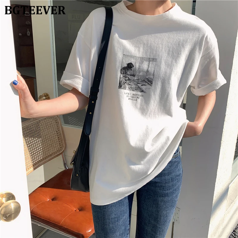 Женская хлопковая Футболка BGTEEVER Повседневная Свободная Базовая футболка с