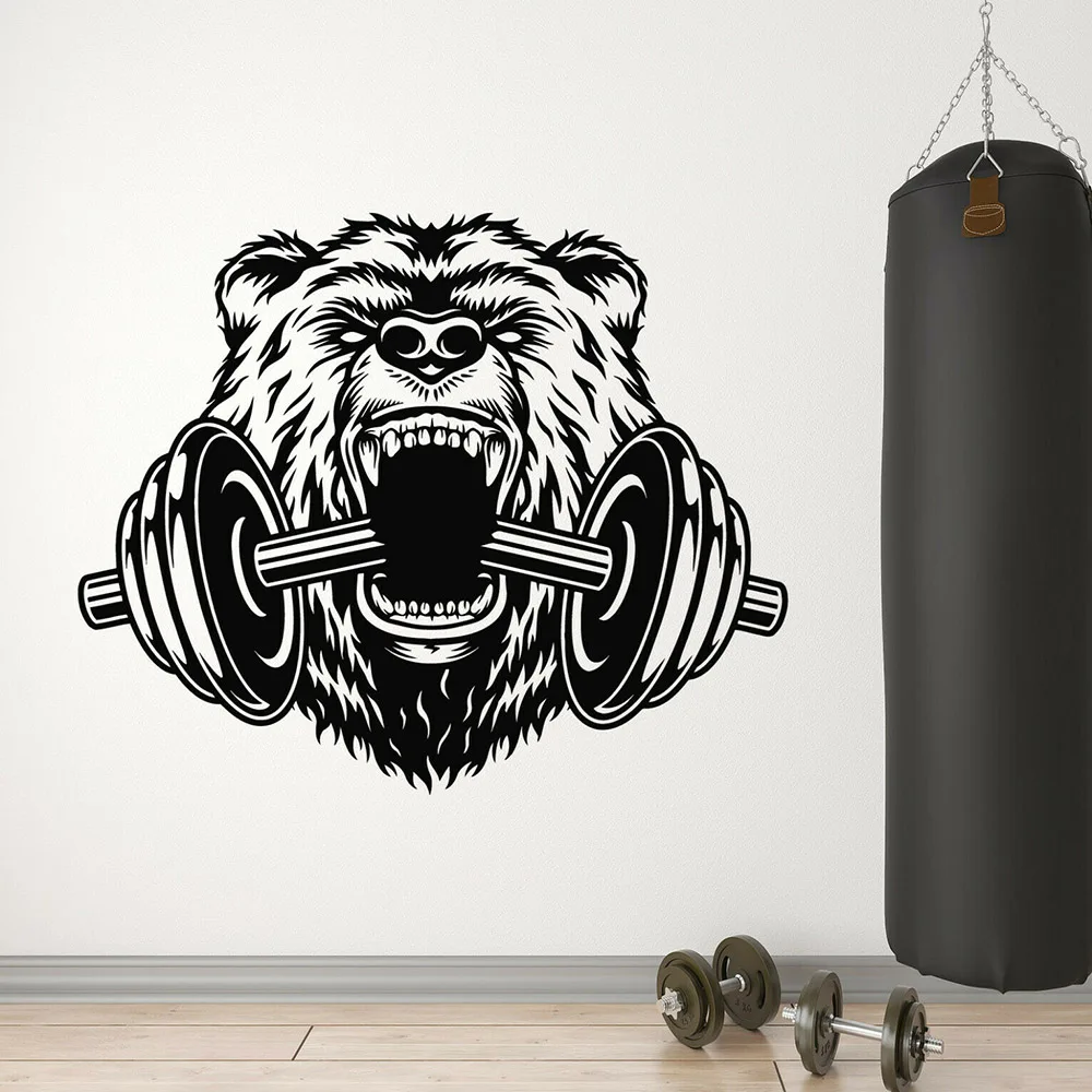 Sports Power Gym Vinyl Wall Decal Decor Removable Fitness Barbell Bear Animal Stickers for Bedroom HomeGym Wall Poster A593