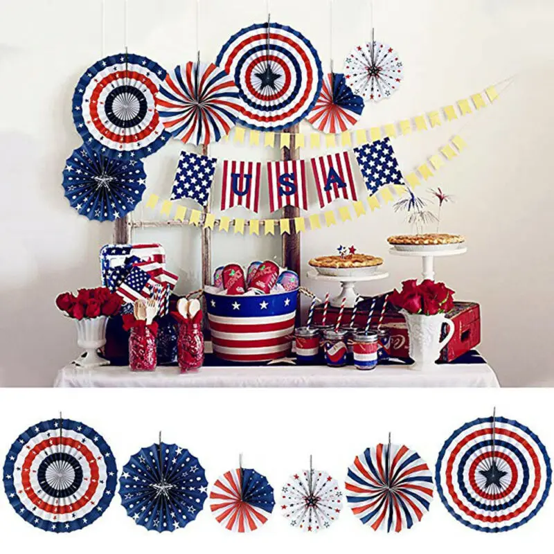 2020 NEW 6PCS Paper Fan for USA Patriotic Decorations Independence Day 4th of July | Дом и сад