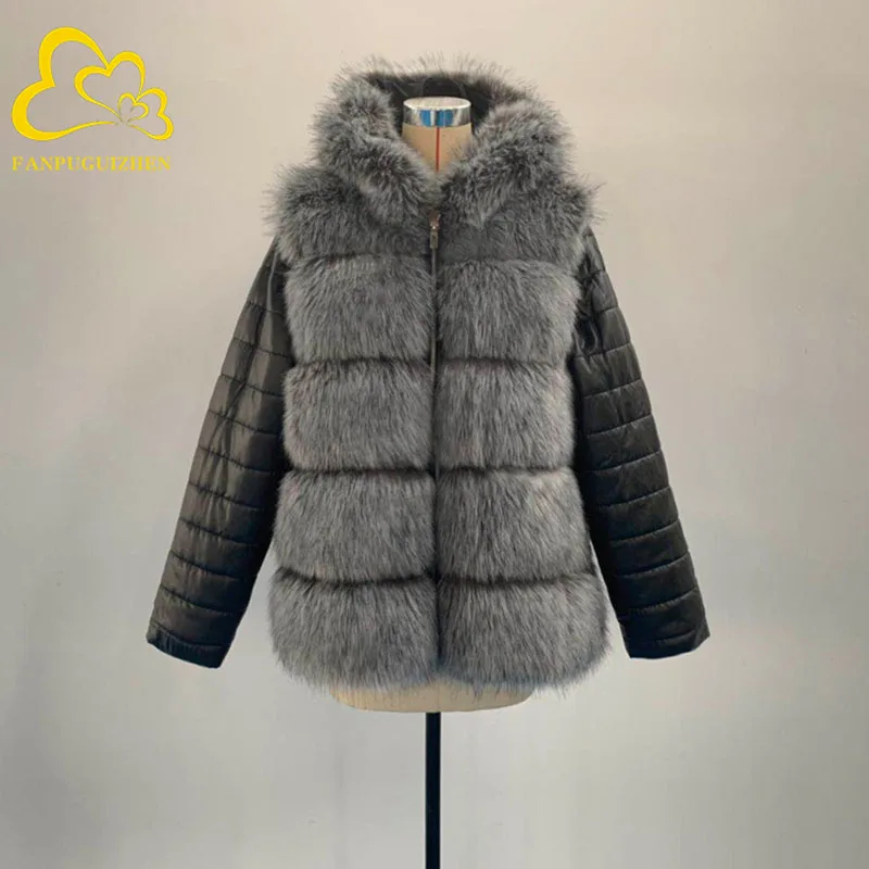 FANPUGUIZHEN Winter Thick Warm Faux Fur Coat Placket: zipper Women Plus Size Hooded Removable Long Sleeve Faux Fur Jacket