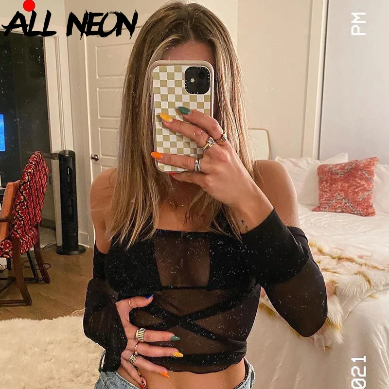 

ALLNeon Cyber Y2K Aesthetics Open Shoulder Halter 2 Piece Black Tops Sexy 90s Clubwear Criss-Cross Bandage Flare Sleeve Mesh Tee