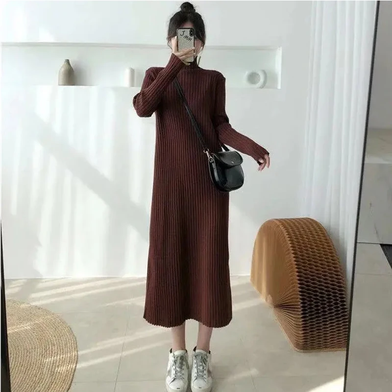 

Knitted bottoming dress women wear autumn and winter 2021 new high-neck mid-length temperament sweater long skirt over the knee