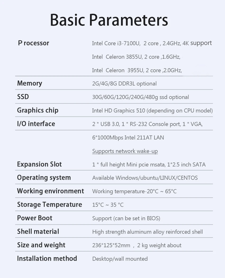 6* LAN Gigabit Ethernet Intel 211AT Мини ПК Core i3 7100U Celeron 3955U маршрутизатор брандмауэр Linux Windows 10 VGA Безвентиляторный Компьютер