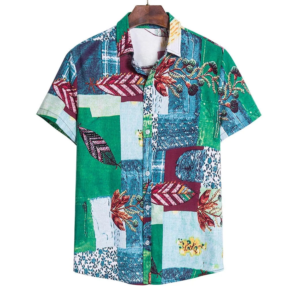 

Men Shirt Ethnic Style Print Short Sleeve Turn Down Collar Camisa Masculina Casual Tops Streetwear Men Hawaiian Linen Shirts 4#