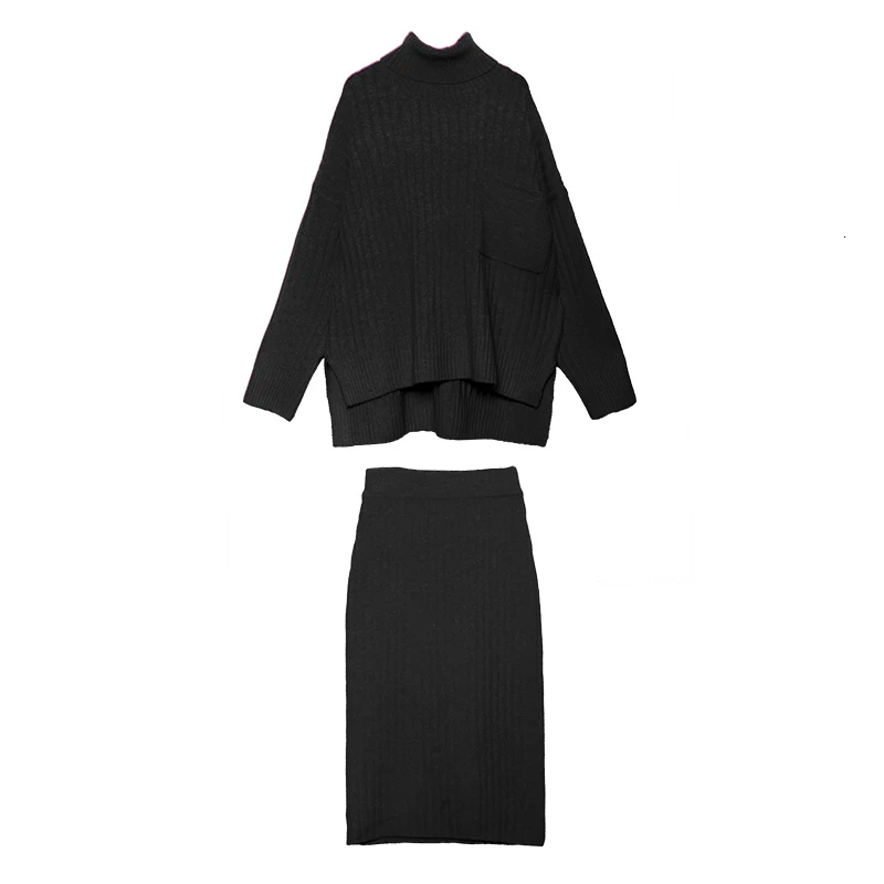 [EAM] Half-body Skirt Knittng Big Size Two Pieces Suit New Turtleneck Long Sleeve Loose Women Fashion Spring Autumn 1K341 - Color: black