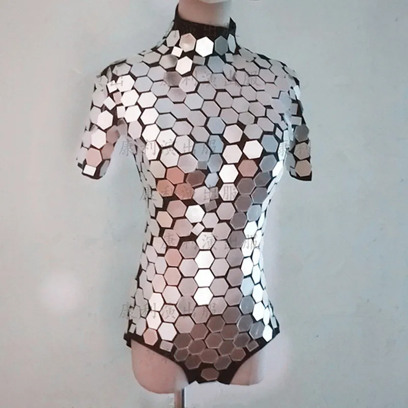 Mirror Stage Costume Silver Sequins Short Sleeve Bodysuit Women Space Dance Sexy Bar DJ Singer Leading Team Outfit | Тематическая