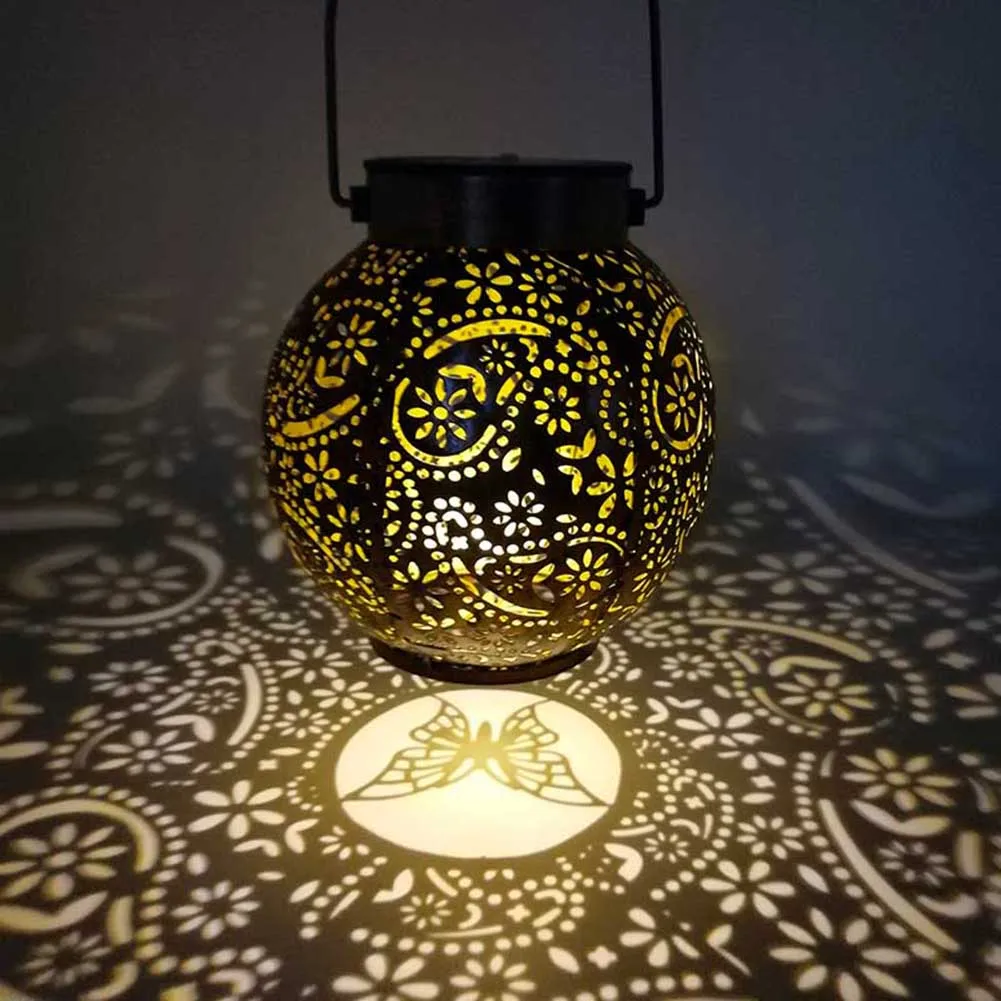 

LED Solar Lantern Light Hollow Lantern Projection Light Wrought Iron Hanging Lamps Waterproof Garden Yard Art Decorations