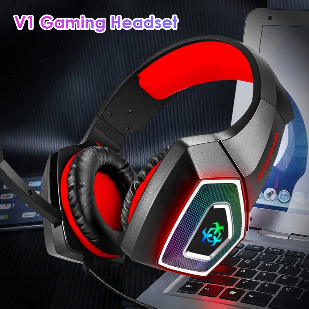 

Black + Red V1 Computer Gaming Competition Headset + Adapter RGB Wired Over Ear Headphones with Microphone for PS4 PC