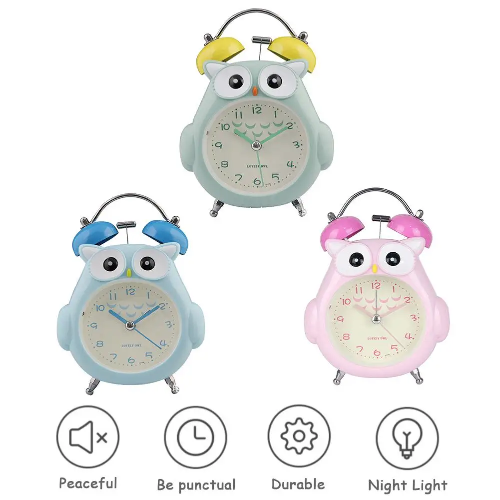 Cute Cartoon Owl Student Alarm Clock Bedroom Bedside Clock Metal Bell Clock Without Battery