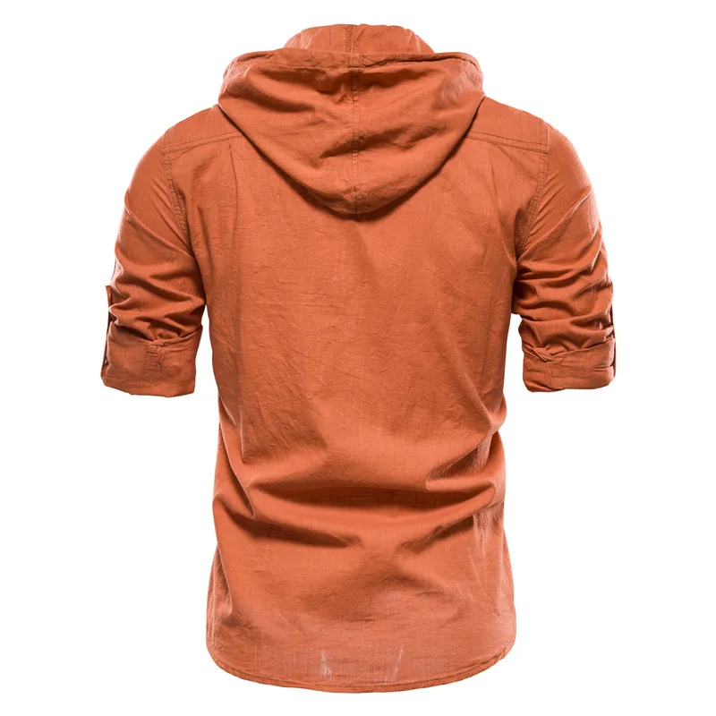 Summer Design Hoodied Long Sleeve Linen Shirt Men Solid Color Cotton Quality Pullover Shirt For Men Streetwear Men's Shirts Top