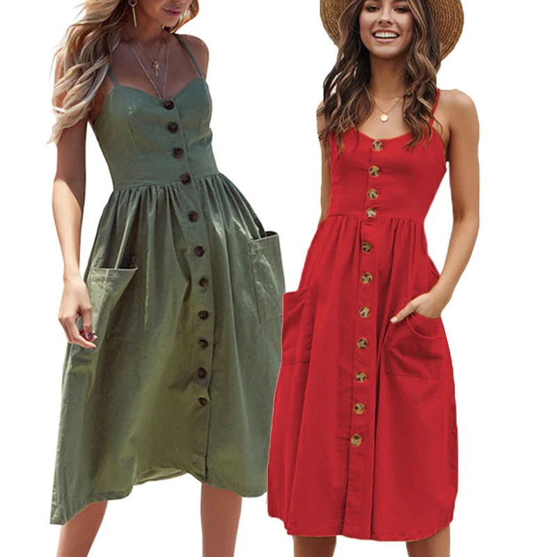 Платье женское средней длины на пуговицах пикантный пляжный сарафан в горошек