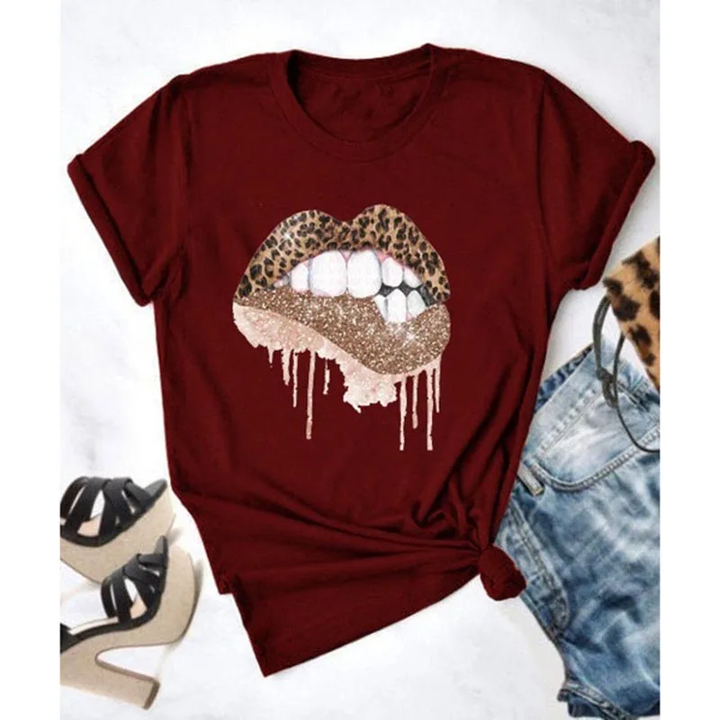 Женская футболка с рисунком губ и леопарда топы круглым вырезом camisa черные