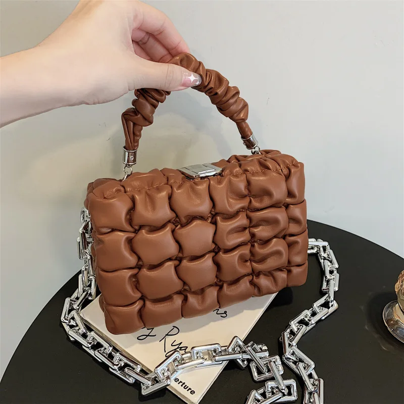 

Pleated Plaid Women's Handbag 2021 New Vintage Small Square Female Bag Chain Leather Messenger Bag Fashionable Shoulder Bags