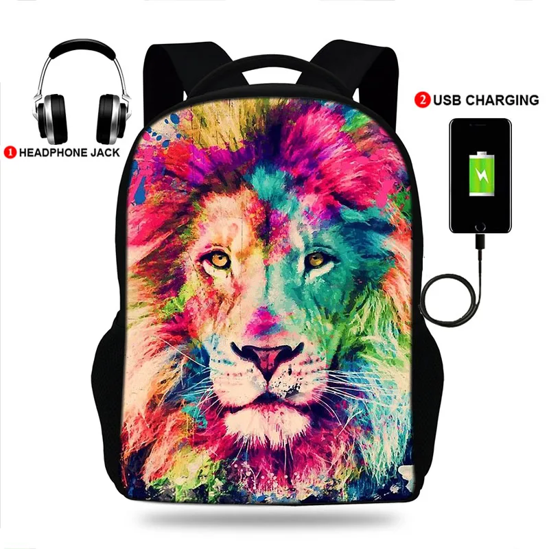 Рюкзак с USB зарядкой и принтом в виде льва для мальчиков девочек|Мужские рюкзаки| |