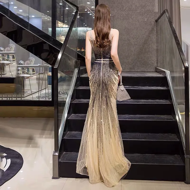 Sexy V-Neck Full Beading Mermaid Prom Dresses Natural Slim Waistline Tulle Ladies Elegant Party Evening Gowns Vestidos De Soiree