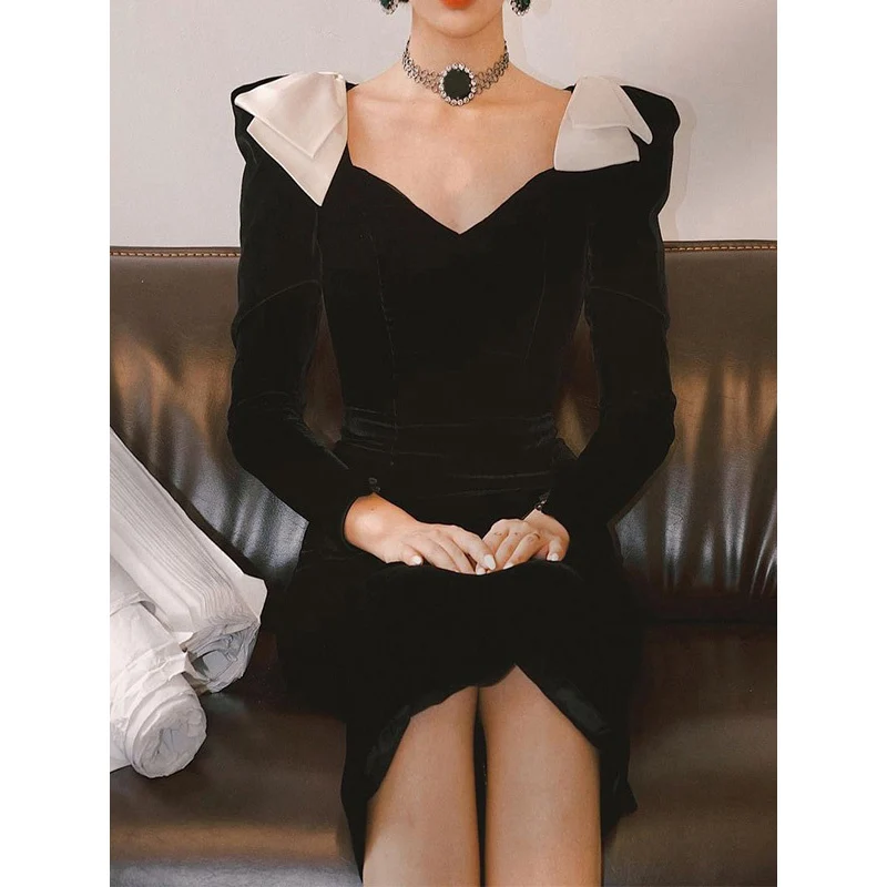 

21 Autumn Women Velvet Midi Dress French Retro Bodycon Bow-knot Dresses Long Sleeve V Neck Waist Hugging Evening Party Dresses
