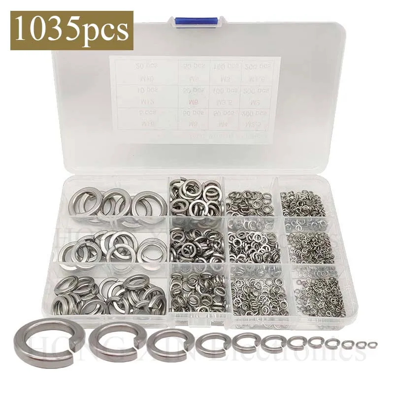 

1035pcs/Set M1.6 M2 M2.5 M3 M3.5 M4 M5 M6 toM16 304 Stainless Steel Spring Split Lock Washer Assortment Kit Elastic Gasket