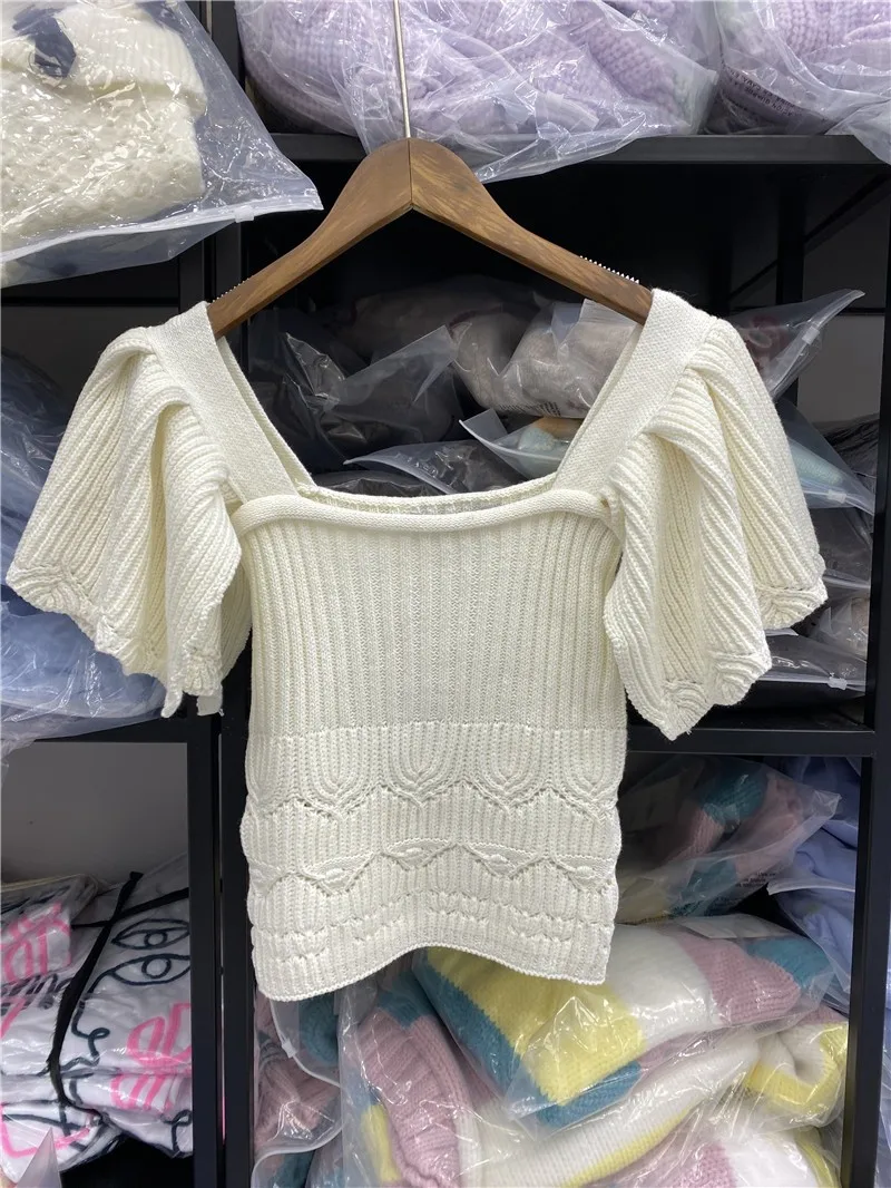 

TMODA104 Za Women 2021 Fashion Ruffled Sleeves Cropped Knitted Sweater Vintage Square Collar Fitted Female Pullovers Chic Tops