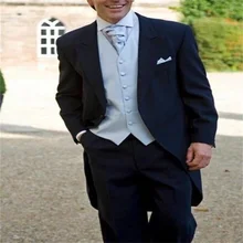 2021 New High Quality Customized Peak Lapel Design Black Men's Suit Fashion Slim Prom 3- Piece Set [Jacket + Pants + Vest + Tie] (3)