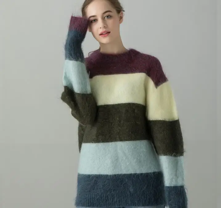 

Top Women Sweater Mohair Wool Rainbow Striped Round Neck Pullover Loose Long Ladies Sweater