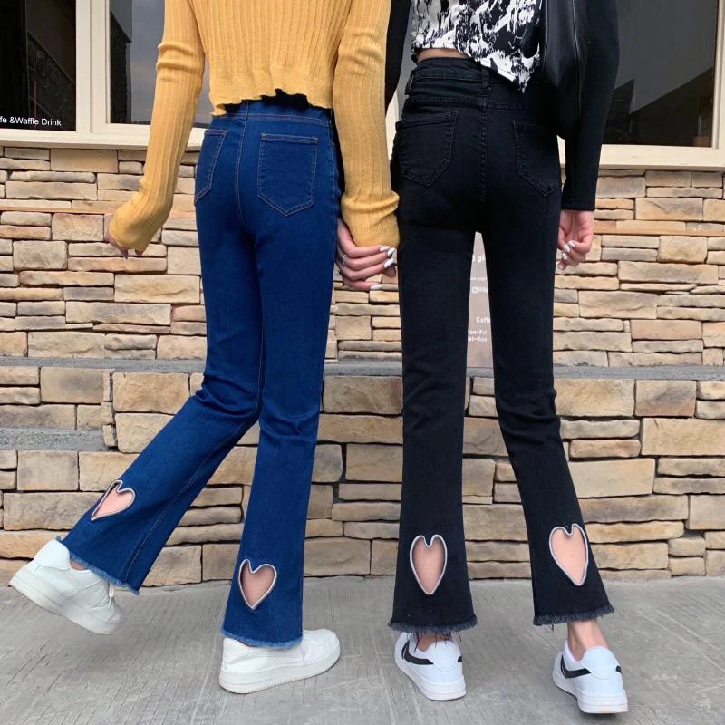 

New Jeans Women Trousers College Style Cotton Vintage Washed Love Hollow Embroidery Loose High Waist Horn Stretch Cowboy