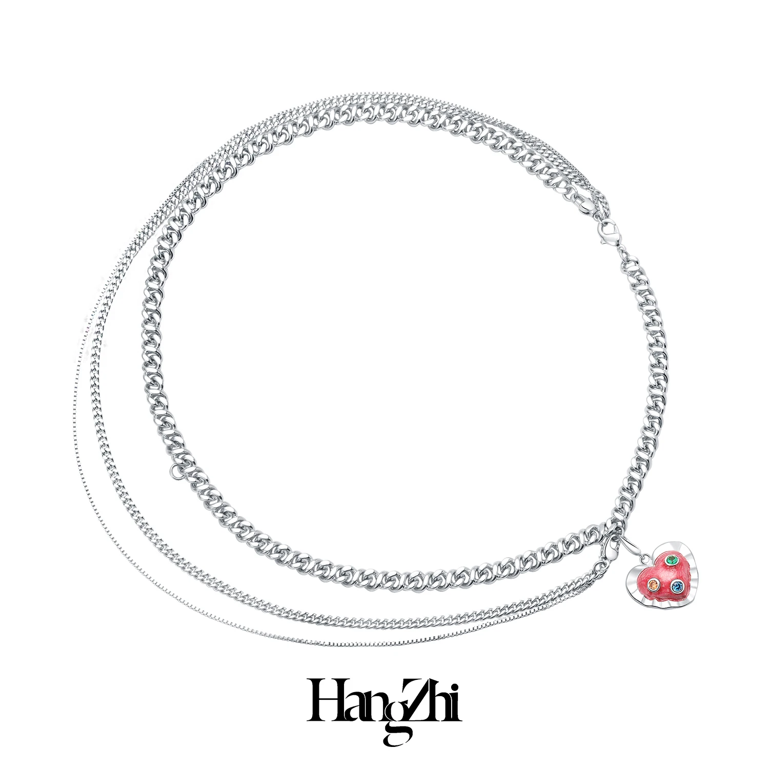 

HangZhi Stitching Chain Heart Pendant Necklace for Women Girl Trendy Multi-Layer Removable Chain Enamel Pink Heart Party Jewelry