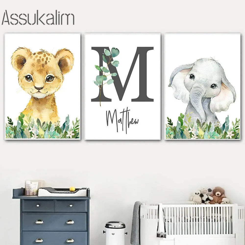 

Personalized Boy Name Poster Animals Canvas Painting Lion Giraffe Print Nursery Wall Prints Nordic Wall Pictures Kids Room Decor