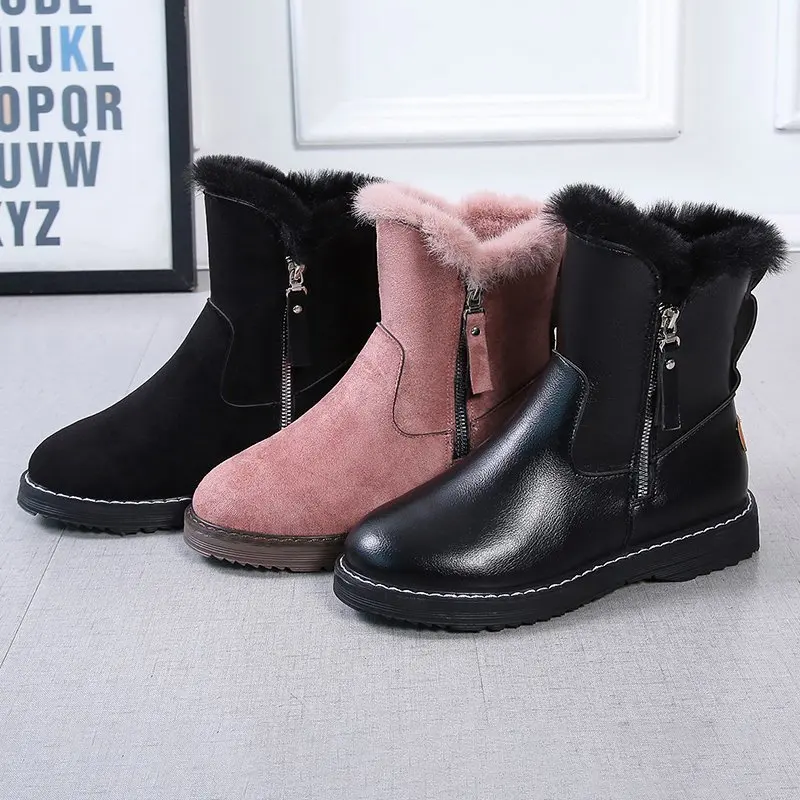 NEW Women Boots Black Pink Leather Boots Plush Snow Boots Fashion Women's Ankle Shoes Size 35 40 Ladies Boots Female Women Shoes