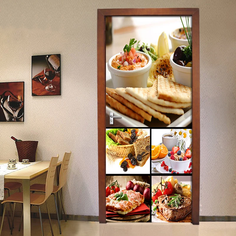 

DIY Door Sticker Western Food Photo Mural Wallpaper PVC Self-adhesive Wall Decal For Living Room Kitchen Door Home Decor Poster