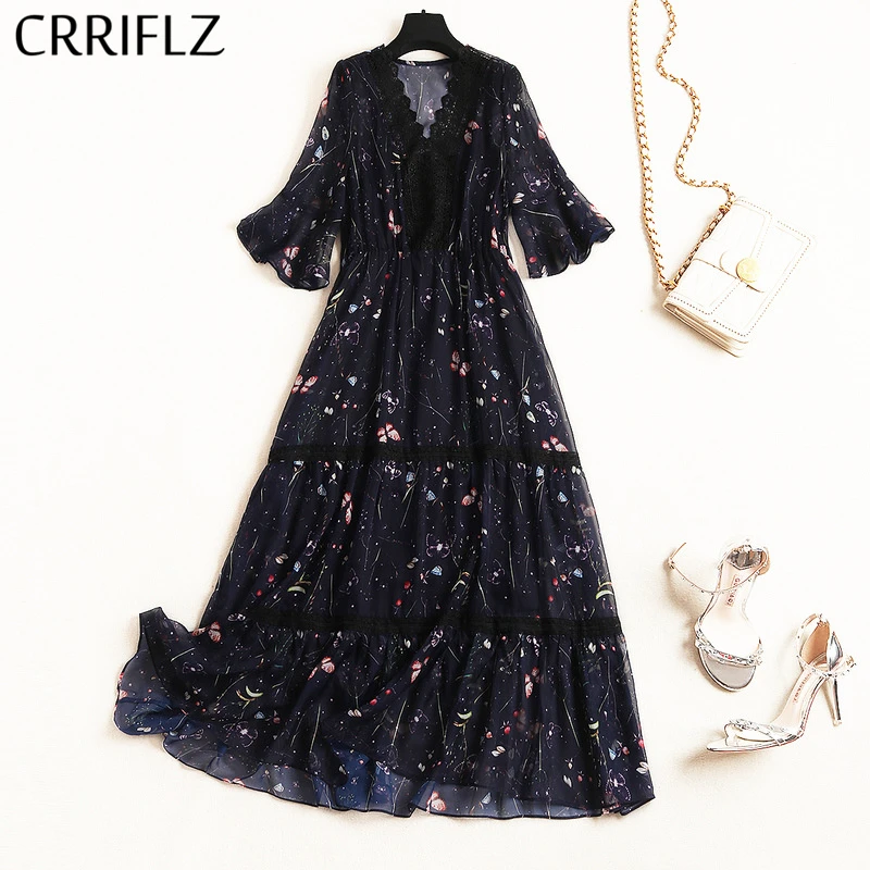 

CRRIFLZ Long Print Chiffon Dress Women Lace Butterfly Sleeve V Neck Dress Female Half Sleeve Summer Dress Office Lady