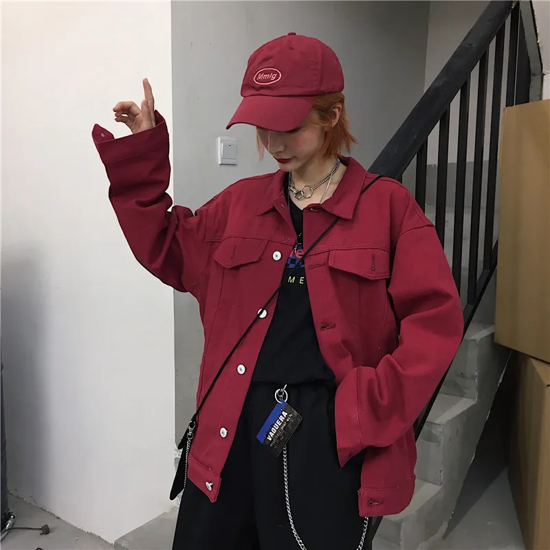 Женское джинсовое пальто винно красного цвета базовая Свободная куртка в