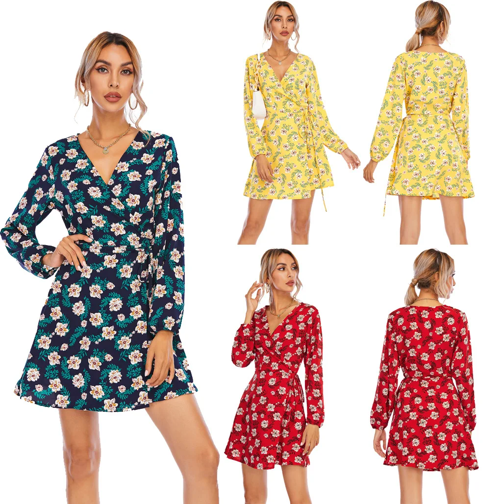 

Модное повседневное женское платье с длинным рукавом, Новинка весна-осень 2021, соблазнительное платье с V-образным вырезом и высокой талией, ...