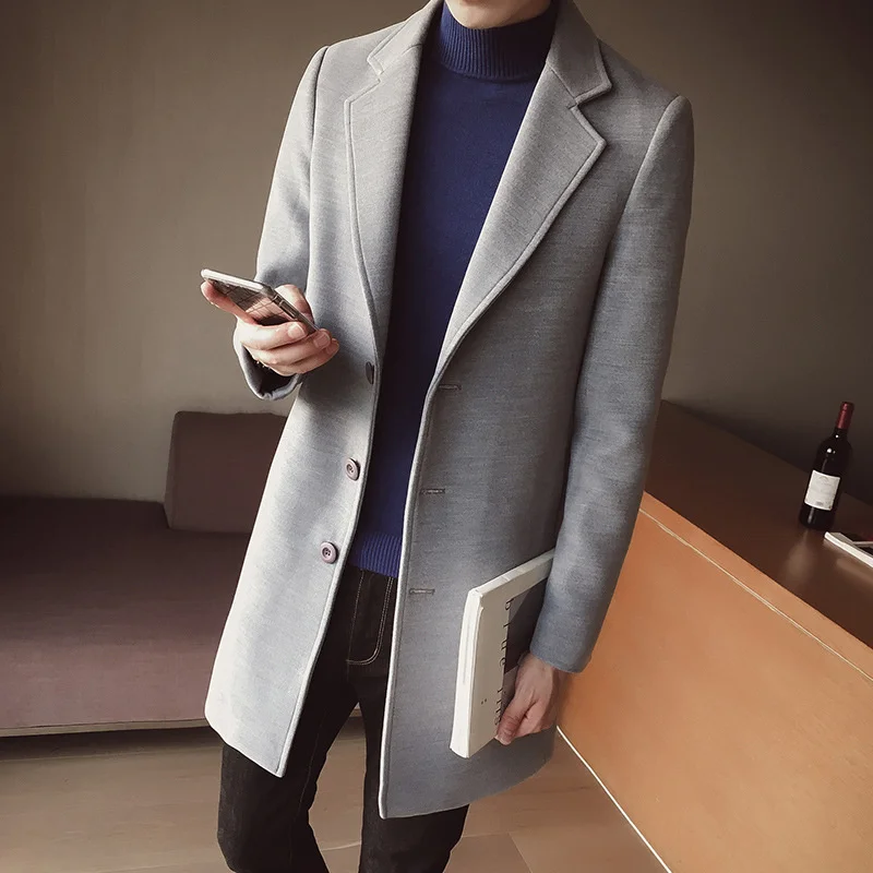 

wear 2021 new autumn winter men's men's medium and long windbreaker Korean slim fit woolen coat British woolen coat