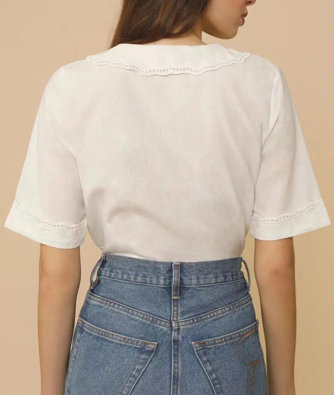 

Women White Hollow Embroidery Lace Blouse Ladies Short Sleeve Shirt and Tops Single Breasted Sweet Girls Female Clothes