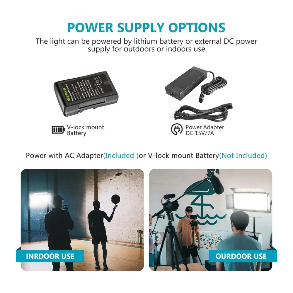 

Neewer Dimmable 1904 LED Video Light Photography LED Lighting with Metal Frame/Barndoor 3200K-5600K DC Adapter Power Options