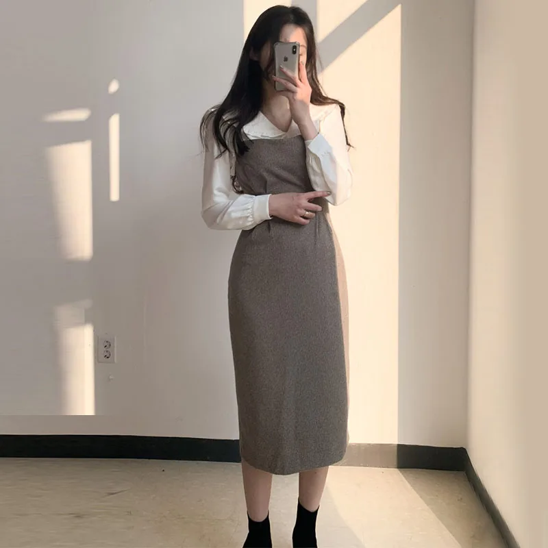 

Korean Chic Younger Retro Lapels Fungus Long Sleeve Shirt + Pleat and Waisted Plaid Suspender Dress for Women